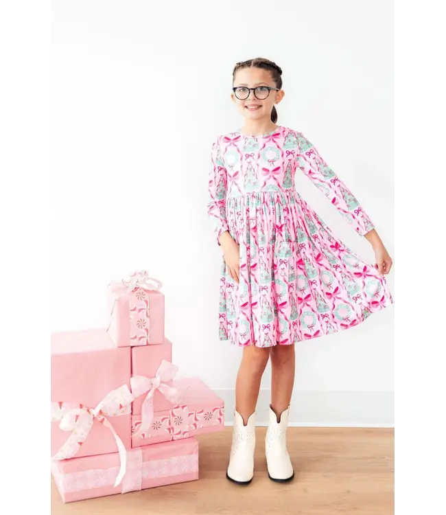 Mila & Rose Girls Jingle Bows Long Sleeve Pocket Twirl Dress