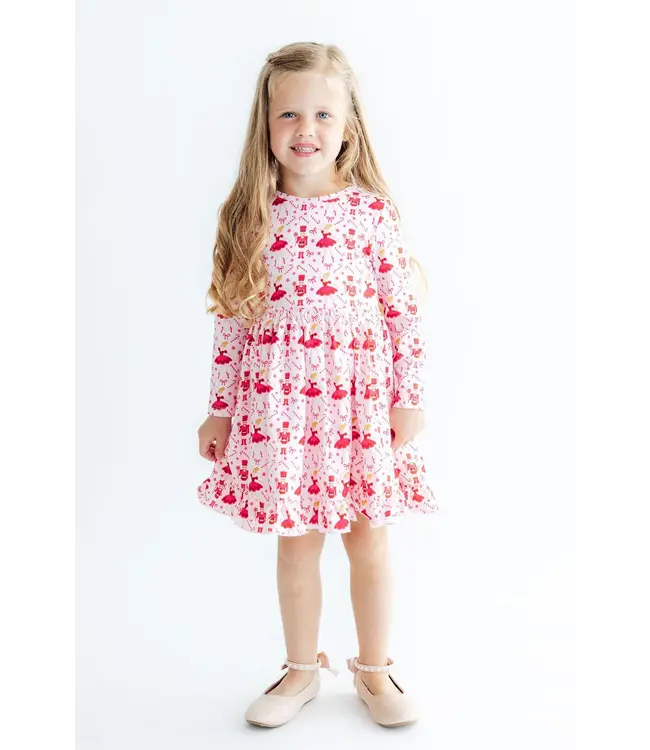 Mila & Rose Girls Candy Cane Ballet Long Sleeve Ruffle Hem Twirl Dress