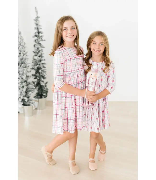 Mila & Rose Girls Pink Plaid 3/4 Sleeve Pocket Twirl Dress