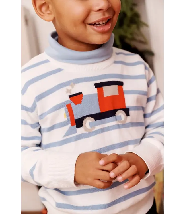 Isaac's Intarsia Sweater - Barrington Blue Stripe with Train
