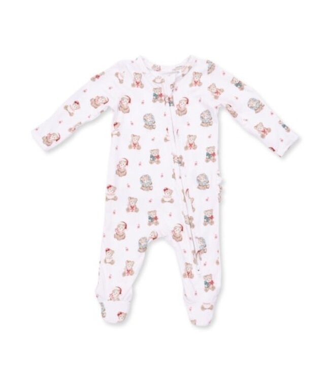 Christmas Teddy Bears Pink - 2 Way Ruffle Back Zipper Footie