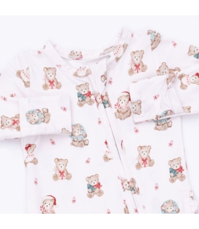 Christmas Teddy Bears Pink - 2 Way Ruffle Back Zipper Footie