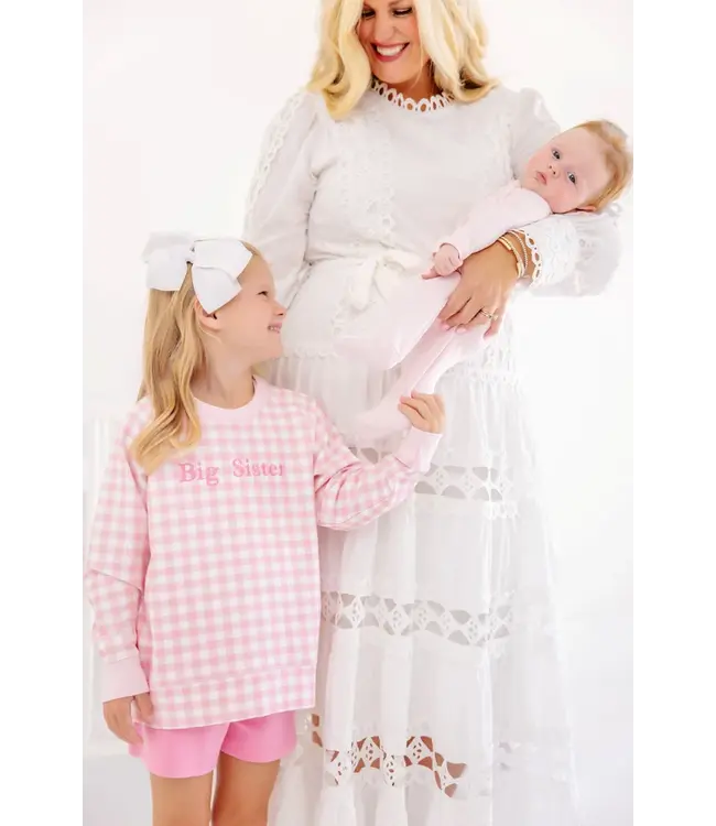 Palm Beach Pink Gingham Big Sister Cassidy Comfy Crewneck