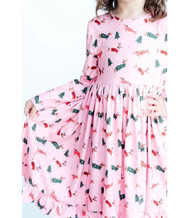 Dachshund Through the Snow Long Sleeve Ruffle Hem Twirl Dress | Mila & Rose