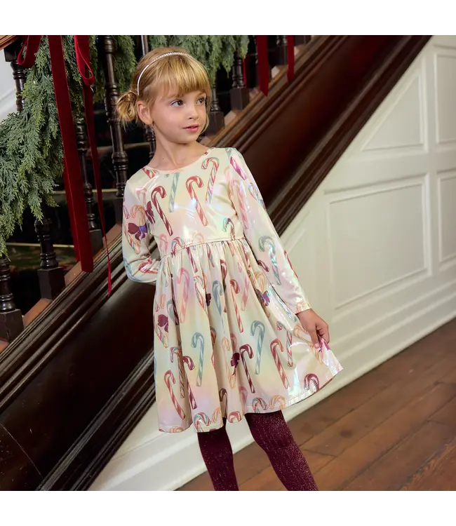 Antique Candy Canes Girls Lame Steph Dress | Pink Chicken