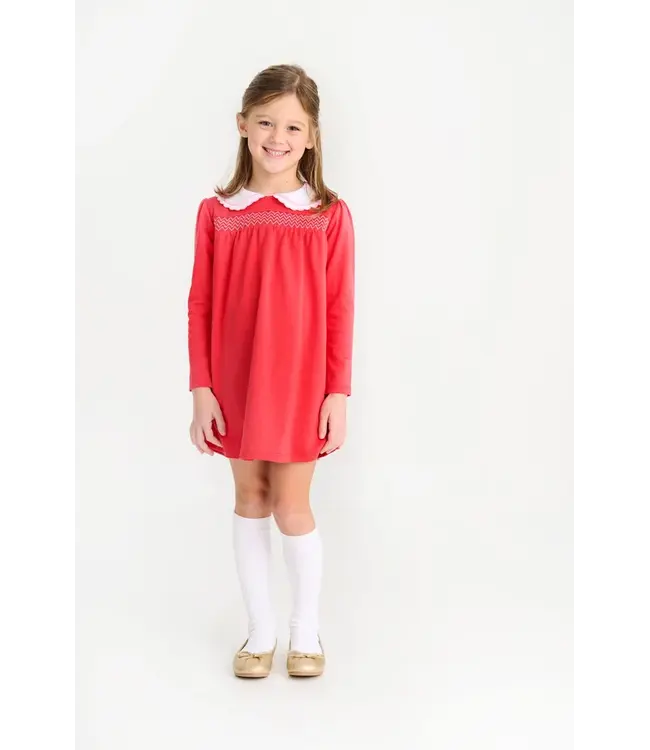Long Sleeve Smocked Holly Day Dress - Richmond Red with Worth Avenue White