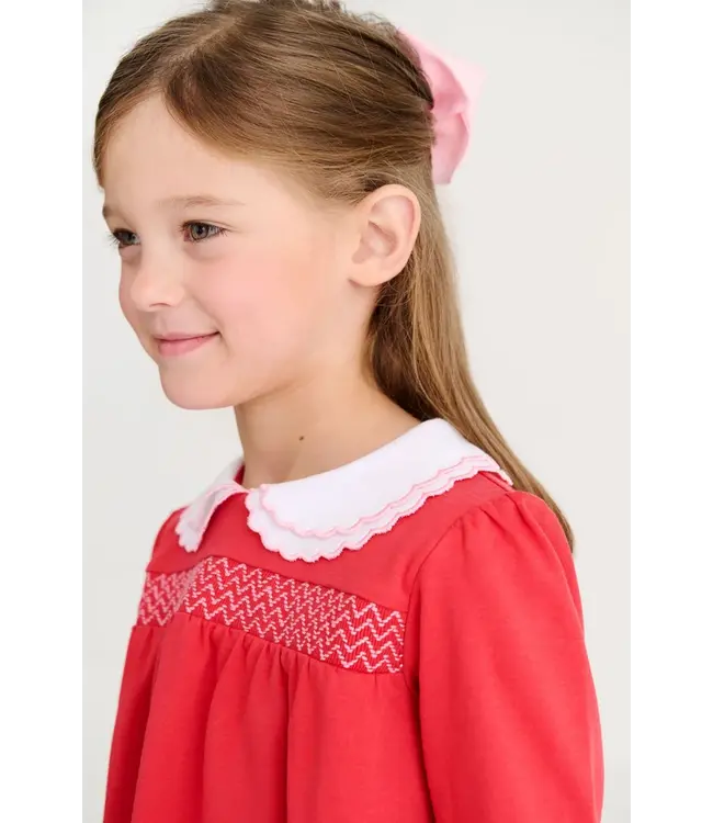 Long Sleeve Smocked Holly Day Dress - Richmond Red with Worth Avenue White