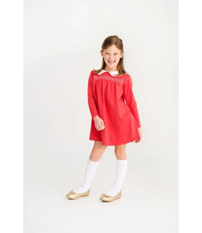 Long Sleeve Smocked Holly Day Dress - Richmond Red with Worth Avenue White