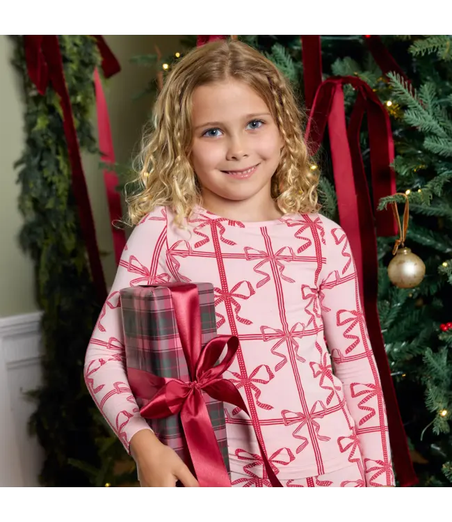 Kids Bamboo PJ Set - Pink Present Bow