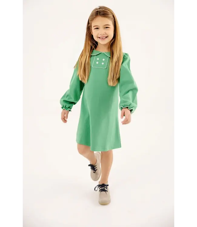 Long Sleeve Banks Button Dress - Kiawah Kelly Green with Worth Avenue White