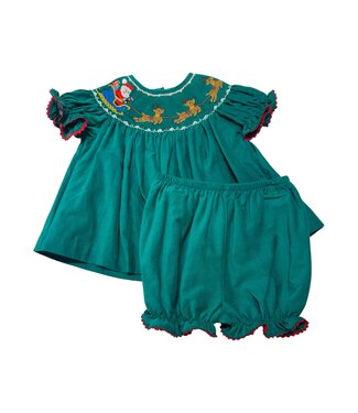 Anavini Green Corduroy Santa's Sleigh Girls S/S Bishop Set