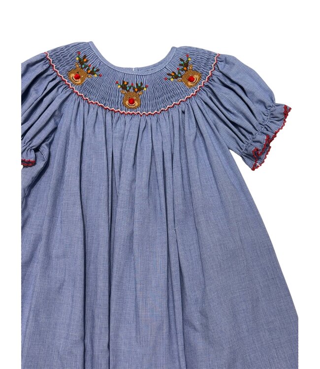 Royal Blue Micro Check Reindeer Face Bishop Dress