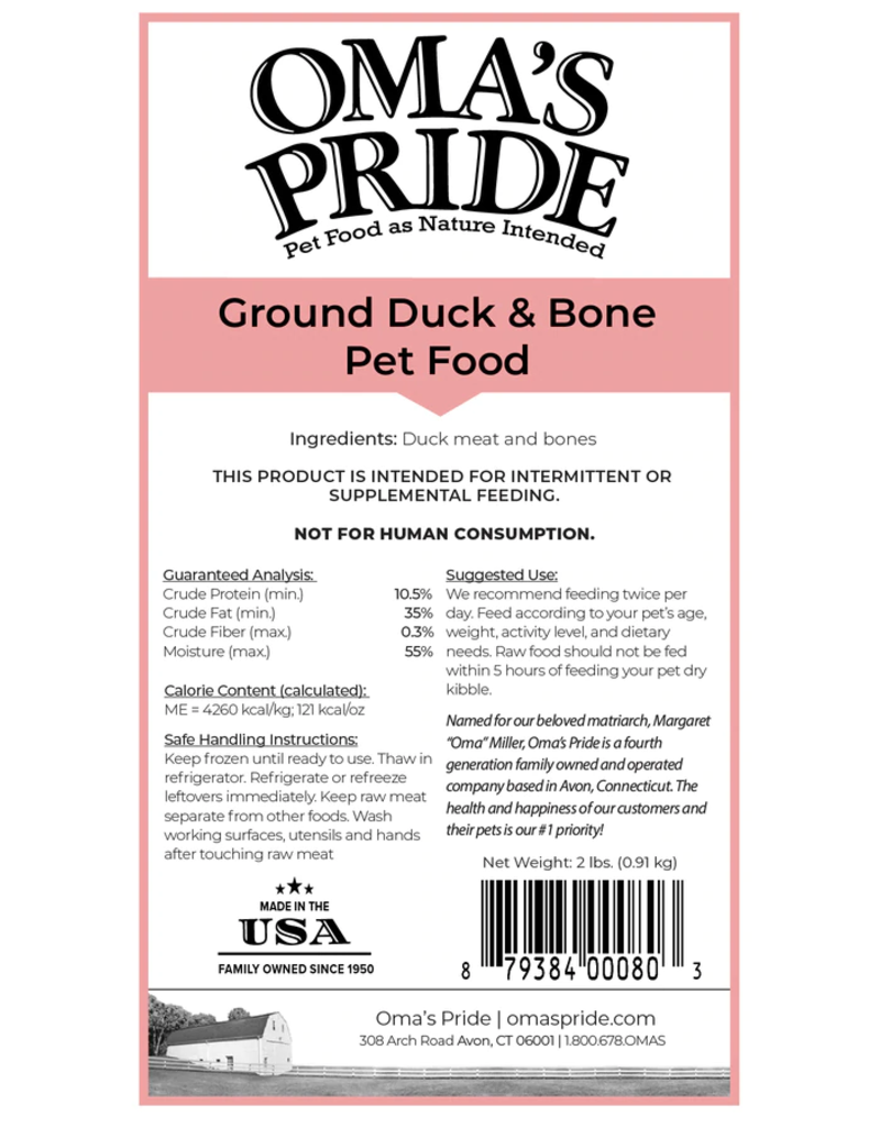 Oma's Pride Oma's Pride O'Paws Dog Raw Frozen Ground Duck Meat & Bone 2 lb CASE (*Frozen Products for Local Delivery or In-Store Pickup Only. *)