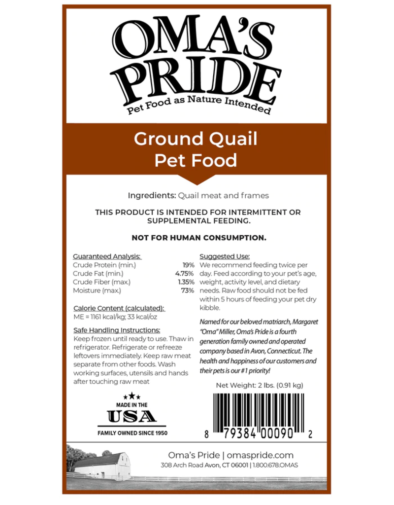 Oma's Pride Oma's Pride O'Paws Dog Raw Frozen Ground Quail 2 lb (*Frozen Products for Local Delivery or In-Store Pickup Only. *)