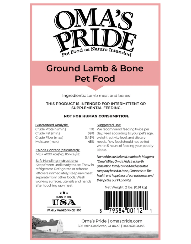 Oma's Pride Oma's Pride O'Paws Dog Raw Frozen Ground Lamb Meat & Bone 2 lb (*Frozen Products for Local Delivery or In-Store Pickup Only. *)