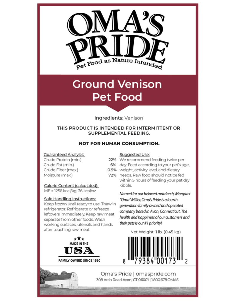 Oma's Pride Oma's Pride O'Paws Dog Raw Frozen Ground Venison 1 lb (*Frozen Products for Local Delivery or In-Store Pickup Only. *)