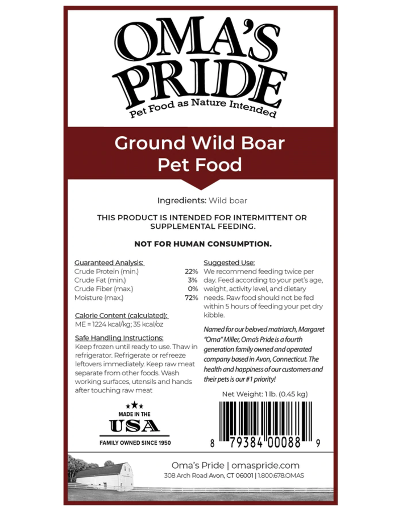 Oma's Pride Oma's Pride O'Paws Dog Raw Frozen Ground Wild Boar 1 lb (*Frozen Products for Local Delivery or In-Store Pickup Only. *)