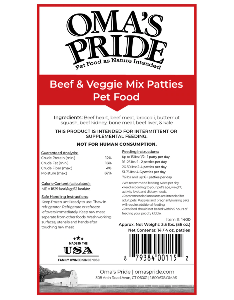 Oma's Pride Oma's Pride O'Paws Dog Raw Frozen Food Beef Woof Patties 10 lb (*Frozen Products for Local Delivery or In-Store Pickup Only. *)
