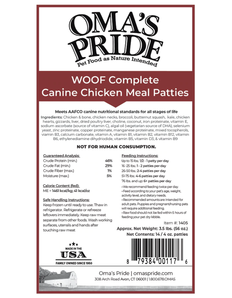 Oma's Pride Oma's Pride O'Paws Dog Raw Frozen Food Chicken Woof Patties 10 lb (*Frozen Products for Local Delivery or In-Store Pickup Only. *)