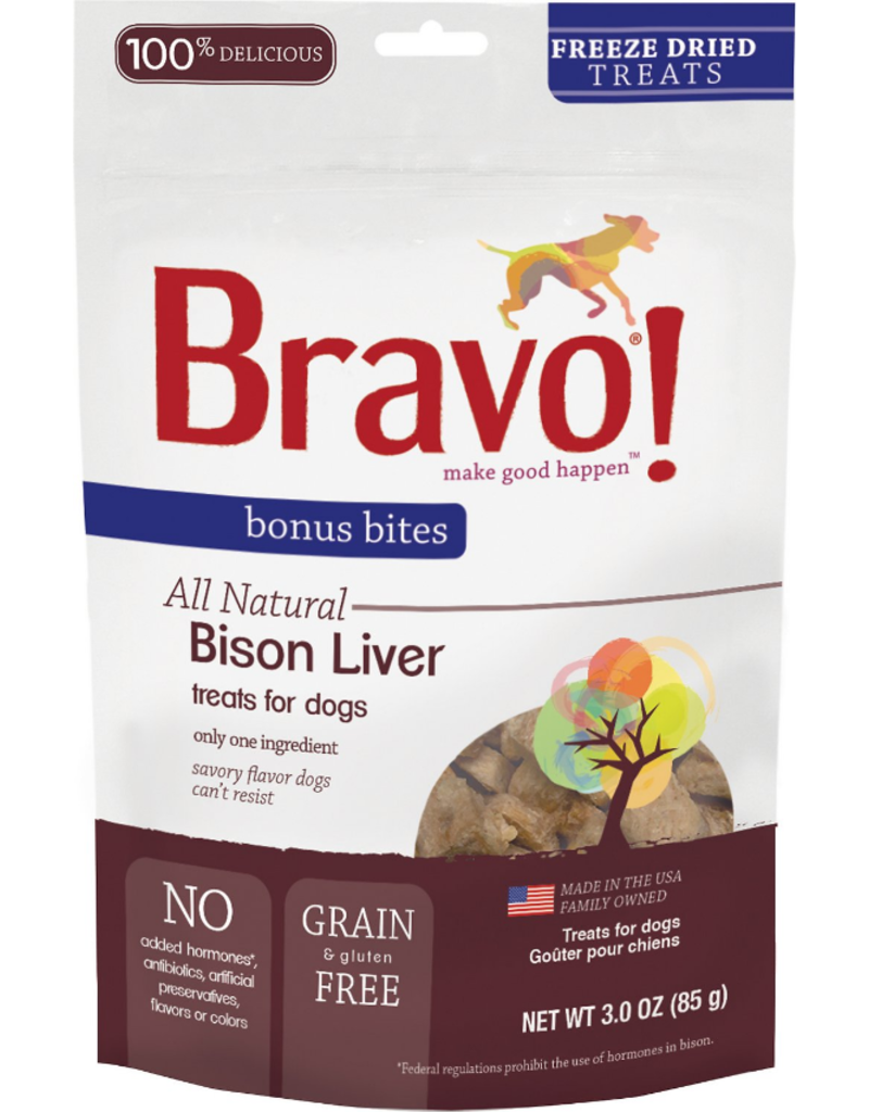 Bravo The Pet Beastro Bravo Freeze Dried Dog Treats  Bison Liver Bonus Bites 3 oz All-Natural Dog Treats Pure Meat Protein Single-Ingredient Low-Fat Dry-Roasted