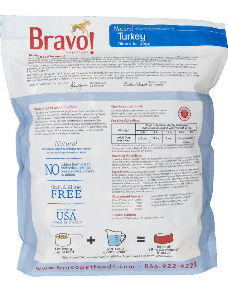 Bravo The Pet Beastro Bravo Homestyle Complete Dehydrated Dog Food Turkey 6 lb All-Natural For Raw Feeding and High Protein Diets Limited-Ingredient Grain-Free Gluten-Free Freeze-Dried