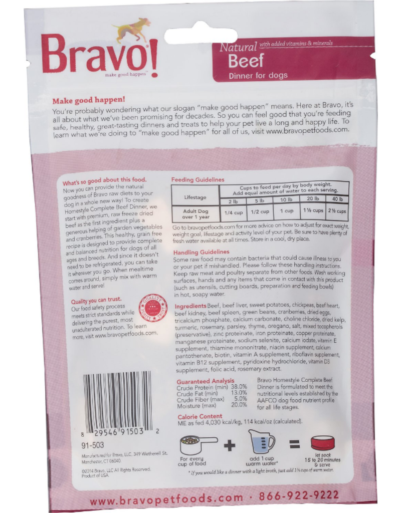 Bravo Z The Pet Beastro Bravo Homestyle Complete Dehydrated Dog Food Beef 3 oz All-Natural For Raw Feeding and High Protein Diets Limited-Ingredient Grain-Free Gluten-Free Freeze-Dried