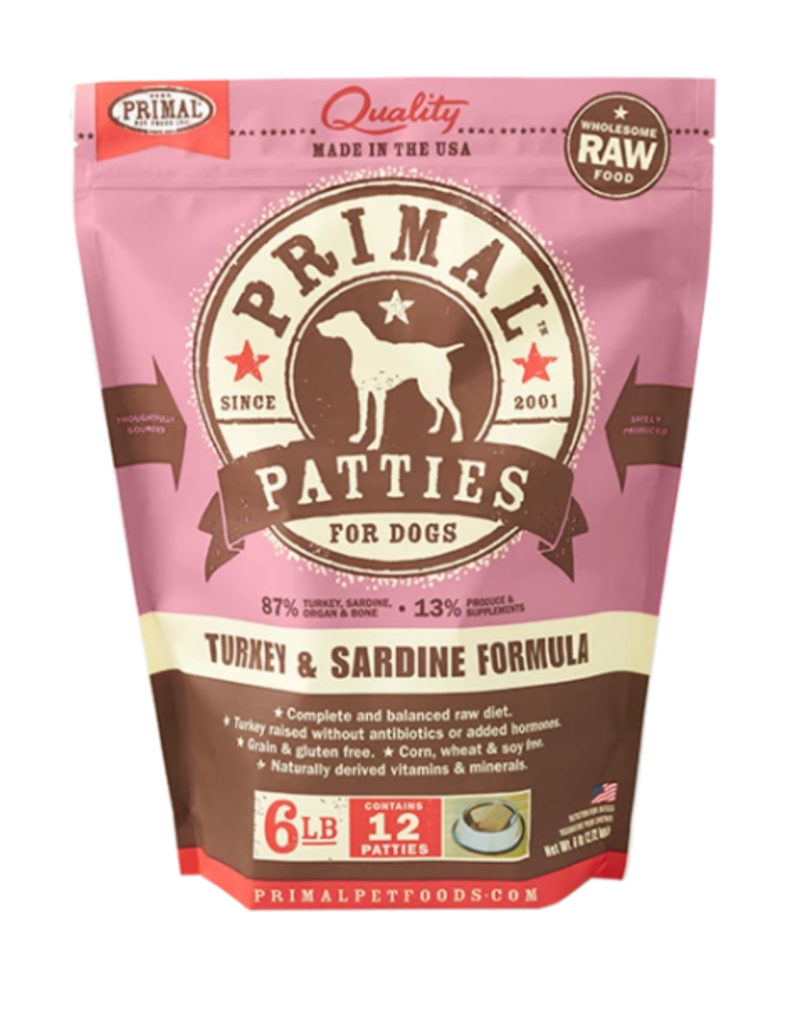 Primal Pet Foods Primal Raw Frozen Patties Dog Food Turkey & Sardine 6 lb CASE (*Frozen Products for Local Delivery or In-Store Pickup Only. *)