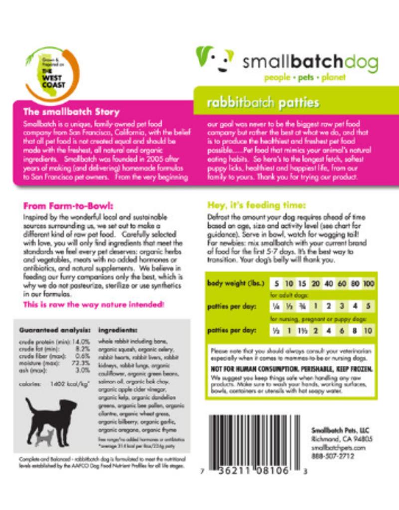 Smallbatch Pets Smallbatch Frozen Dog Food 1 oz Sliders | CASE Rabbit 3 lbs (*Frozen Products for Local Delivery or In-Store Pickup Only. *)