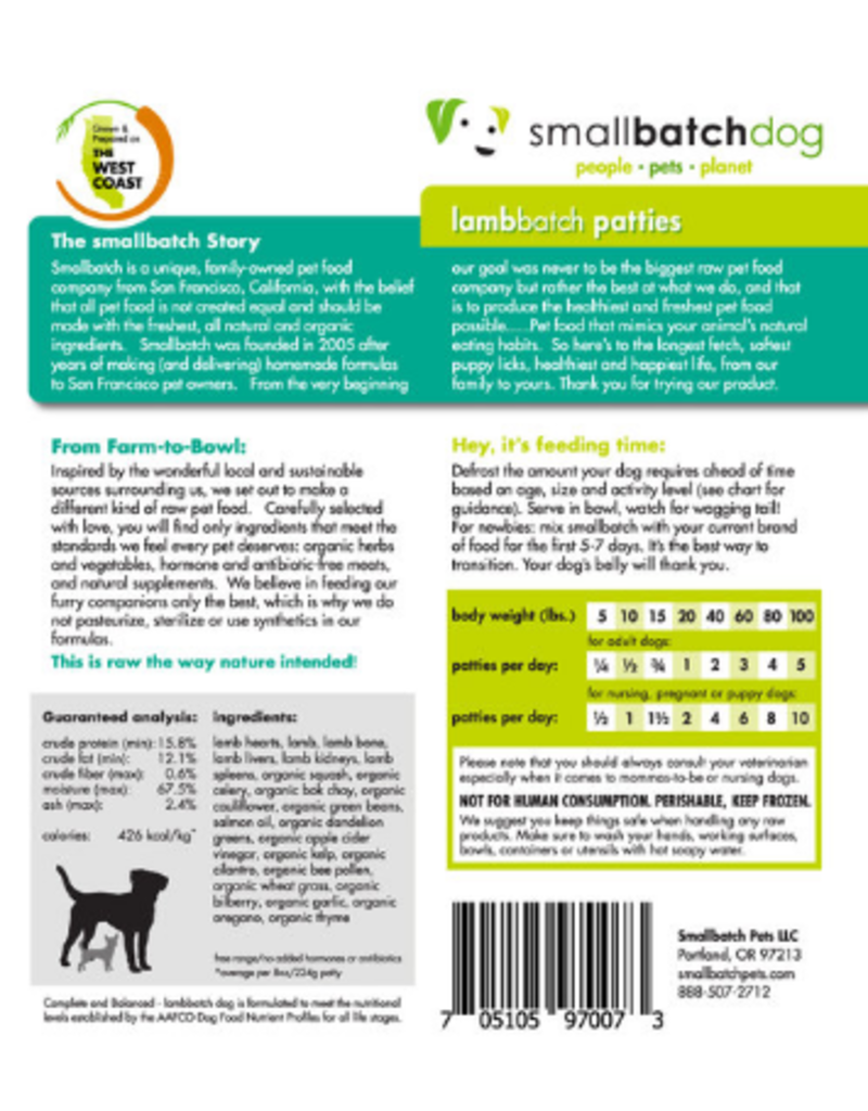 Smallbatch Pets Smallbatch Frozen Dog Food 1 oz Sliders | CASE Lamb 3 lbs (*Frozen Products for Local Delivery or In-Store Pickup Only. *)