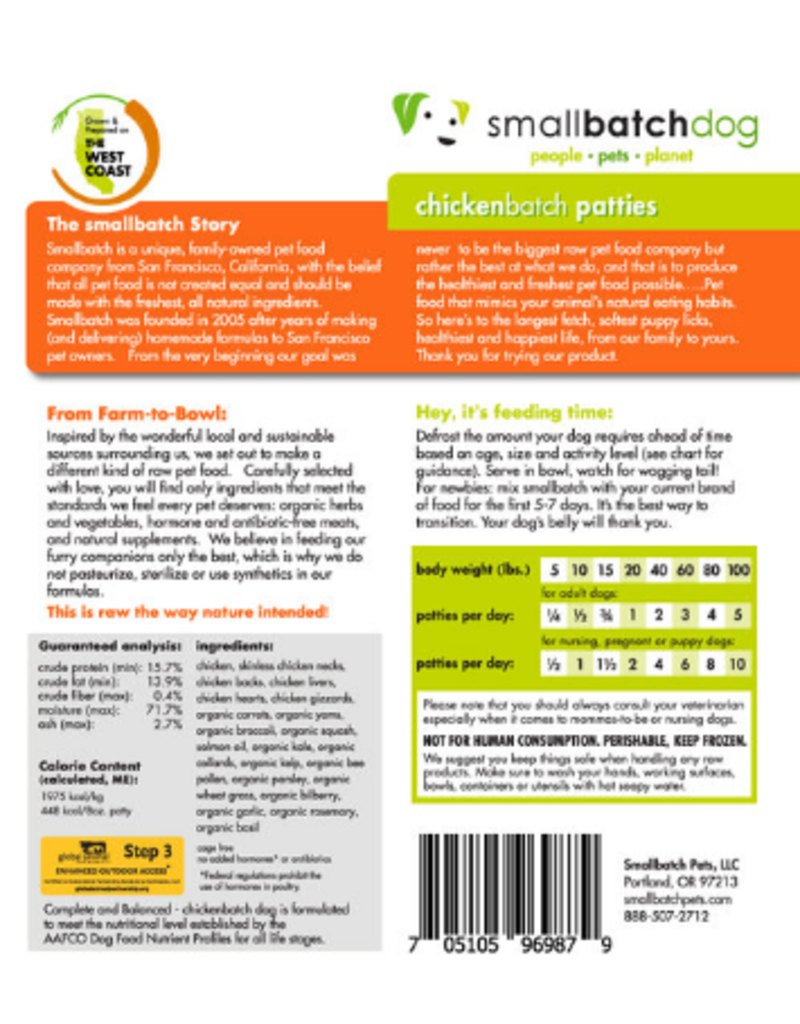 Smallbatch Pets Smallbatch Frozen Dog Food 1 oz Sliders | CASE Chicken 3 lbs (*Frozen Products for Local Delivery or In-Store Pickup Only. *)