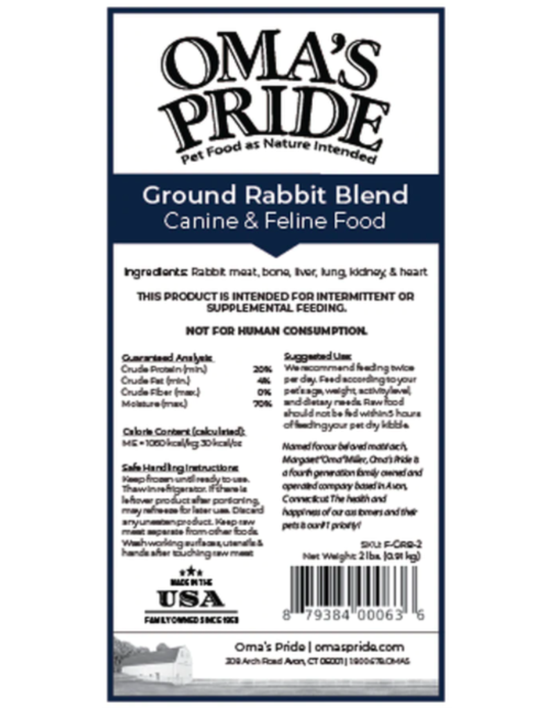 Oma's Pride Oma's Pride O'Paws Dog Raw Frozen Ground Rabbit 2 lb CASE (*Frozen Products for Local Delivery or In-Store Pickup Only. *)