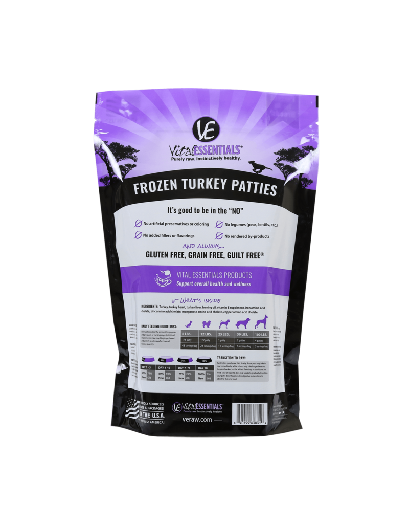 Vital Essentials Vital Essentials Frozen Dog Food 8 oz Turkey Patties 6 lbs (*Frozen Products for Local Delivery or In-Store Pickup Only. *)