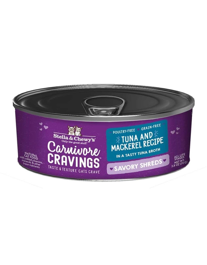 Stella & Chewy's Stella & Cheavory Shreds Canned Cat Food | Tuna & Mackerel 2.8 oz singlewy's Carnivore Cravings Savory Shreds Canned Cat Food | Tuna & Mackerel 2.8 oz single