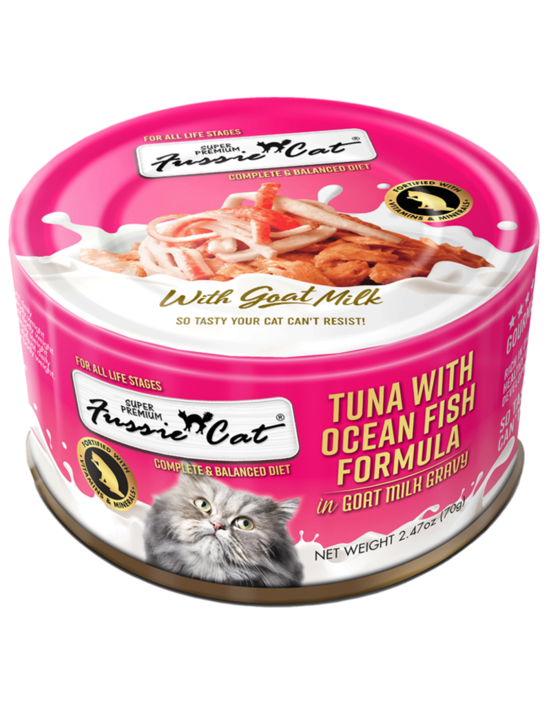 Fussie Cat Fussie Cat in Goat Milk Gravy | Premium Tuna with Ocean Fish 2.47 oz CASE