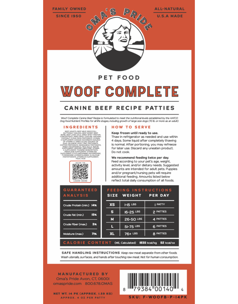 Oma's Pride Oma's Pride Raw Frozen Dog Food | Woof Complete Patties Beef Recipe 3 lb (*Frozen Products for Local Delivery or In-Store Pickup Only. *)