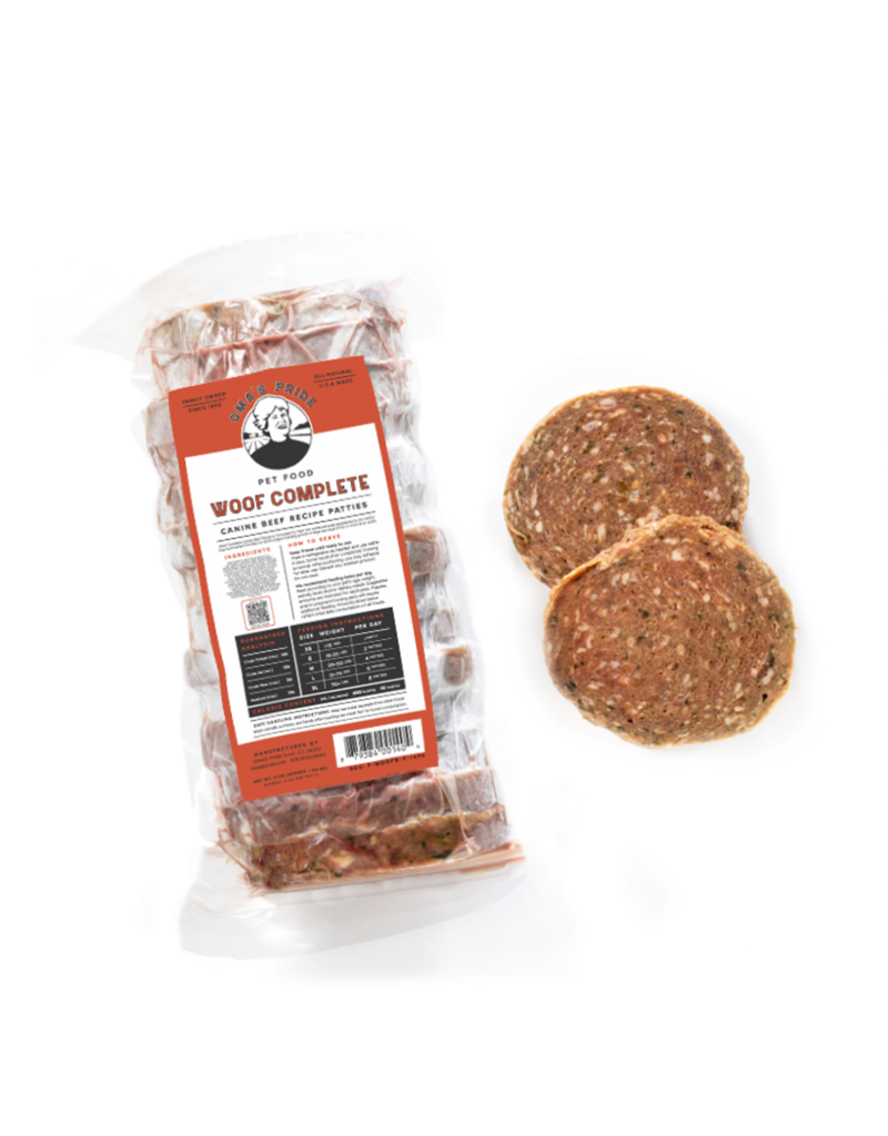 Oma's Pride Oma's Pride Raw Frozen Dog Food | Woof Complete Patties Beef Recipe 3 lb CASE (*Frozen Products for Local Delivery or In-Store Pickup Only. *)
