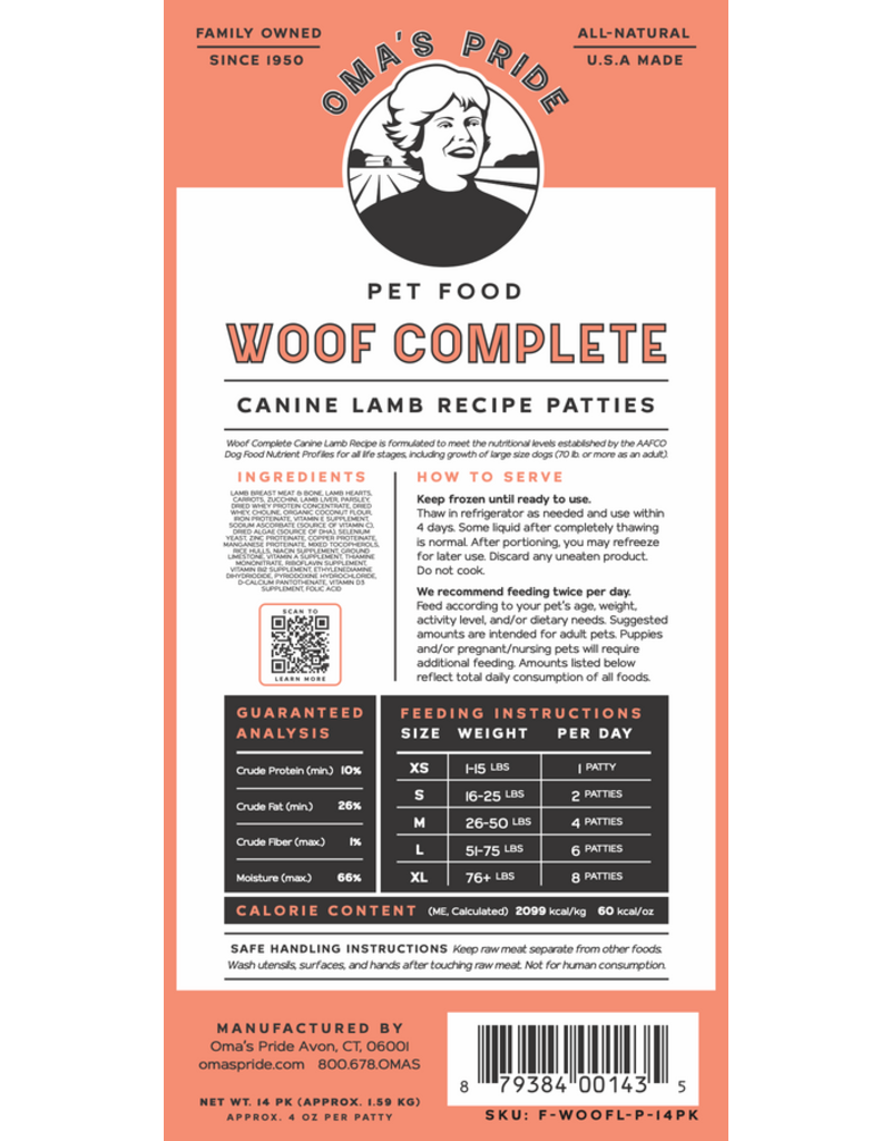 Oma's Pride Oma's Pride Raw Frozen Dog Food | Woof Complete Patties Lamb Recipe 3 lb CASE (*Frozen Products for Local Delivery or In-Store Pickup Only. *)