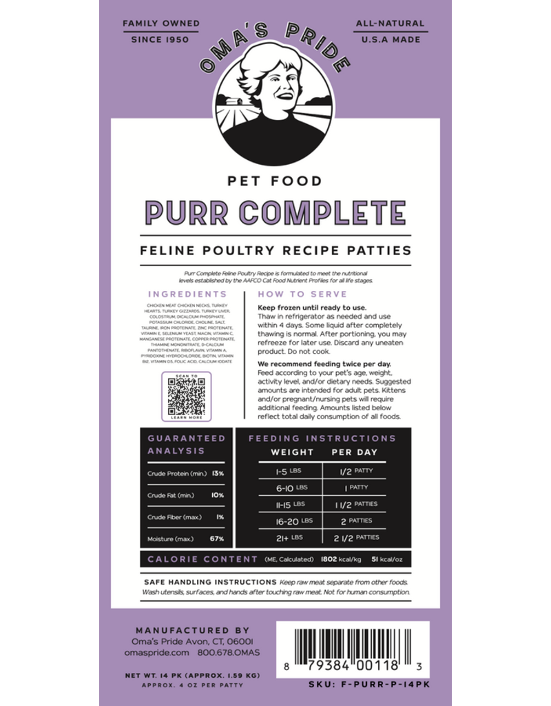 Oma's Pride Oma's Pride Raw Frozen Cat Food | Purr Complete Patties Poultry Recipe 3 lb CASE (*Frozen Products for Local Delivery or In-Store Pickup Only. *)