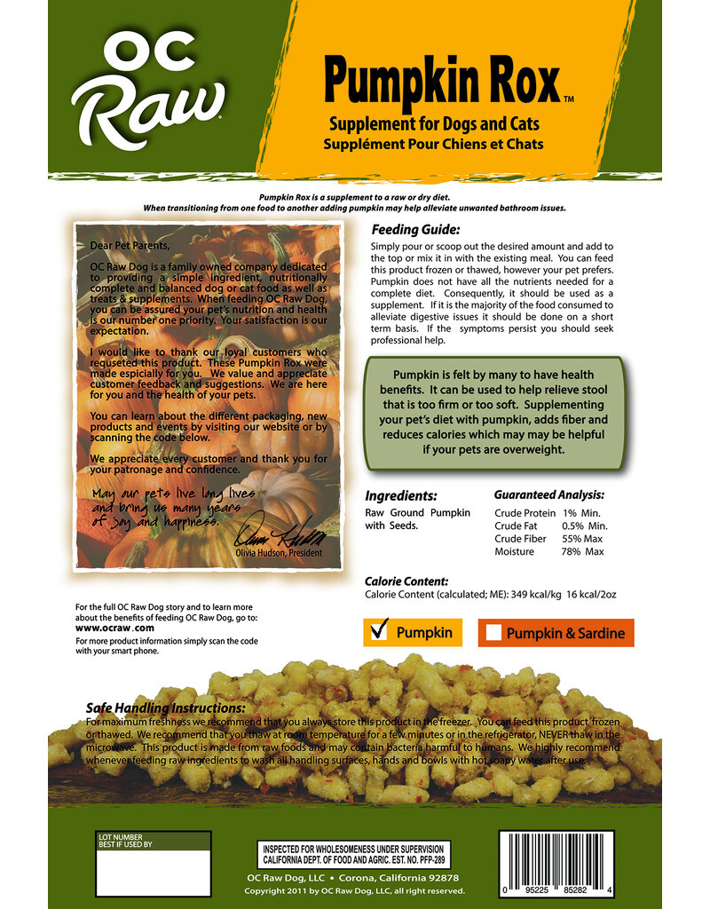 OC Raw Pet Food OC Raw Frozen Rox Supplement | Pumpkin 2 lb (*Frozen Products for Local Delivery or In-Store Pickup Only. *)