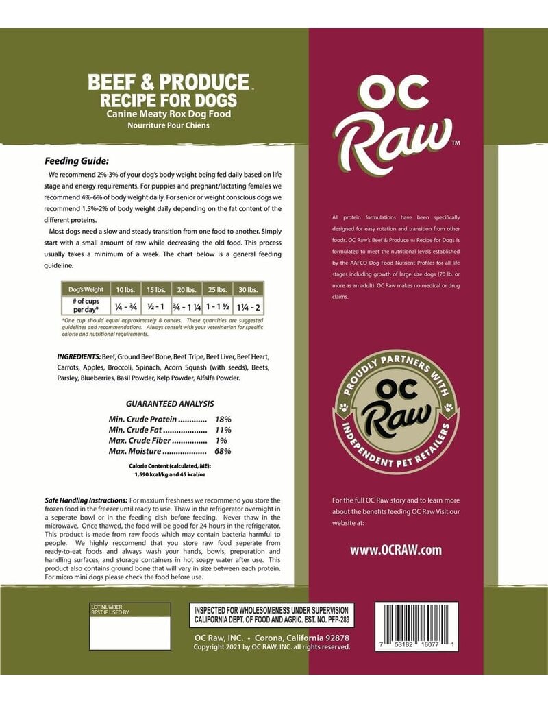 OC Raw Pet Food OC Raw Frozen Meaty Rox Dog Food | Beef & Produce 3 lb (*Frozen Products for Local Delivery or In-Store Pickup Only. *)