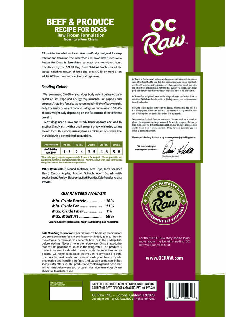 OC Raw Pet Food OC Raw Frozen Dog Food 2 oz Sliders | Beef & Produce 4 lb (*Frozen Products for Local Delivery or In-Store Pickup Only. *)