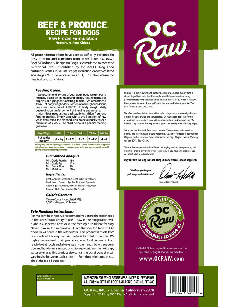 OC Raw Pet Food OC Raw Frozen Dog Food 8 oz Patties | Beef & Produce 6 lb (*Frozen Products for Local Delivery or In-Store Pickup Only. *)