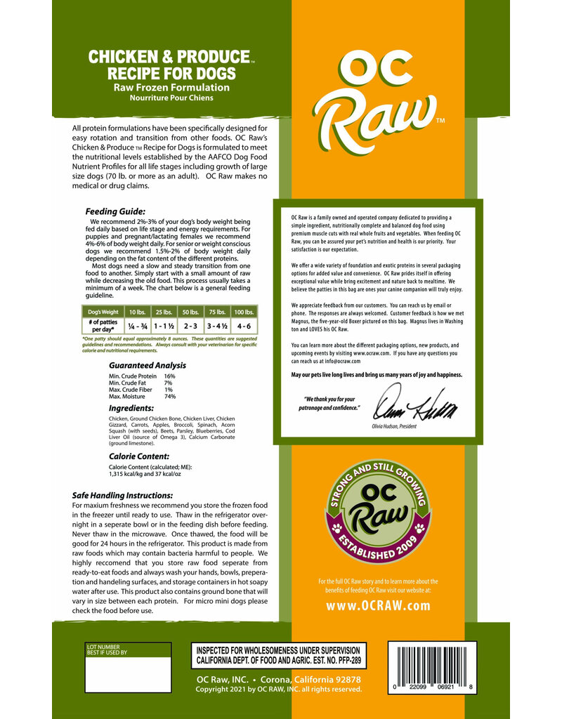 OC Raw Pet Food OC Raw Frozen Dog Food 8 oz Patties | Chicken & Produce 6 lb (*Frozen Products for Local Delivery or In-Store Pickup Only. *)