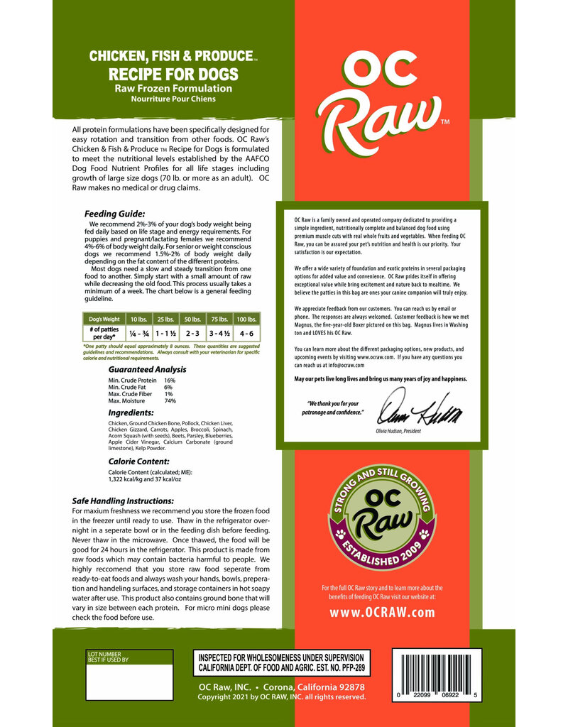 OC Raw Pet Food OC Raw Frozen Dog Food 8 oz Patties | Chicken, Fish & Produce 6 lb (*Frozen Products for Local Delivery or In-Store Pickup Only. *)