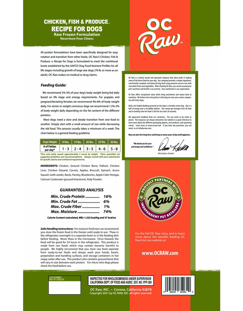 OC Raw Pet Food OC Raw Frozen Dog Food 2 oz Sliders | Chicken, Fish & Produce 4 lb (*Frozen Products for Local Delivery or In-Store Pickup Only. *)