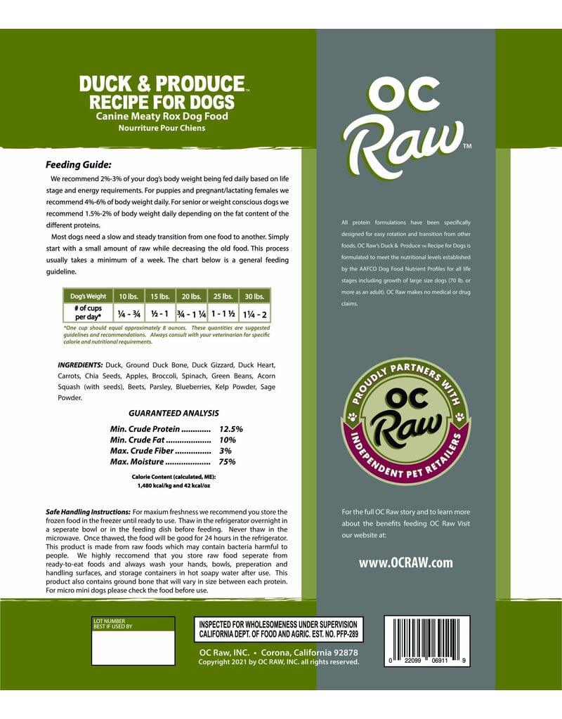 OC Raw Pet Food OC Raw Frozen Meaty Rox Dog Food | Duck & Produce 3 lb (*Frozen Products for Local Delivery or In-Store Pickup Only. *)