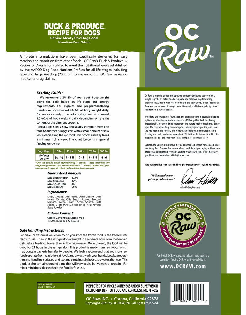 OC Raw Pet Food OC Raw Frozen Meaty Rox Dog Food | Duck & Produce 7 lb (*Frozen Products for Local Delivery or In-Store Pickup Only. *)