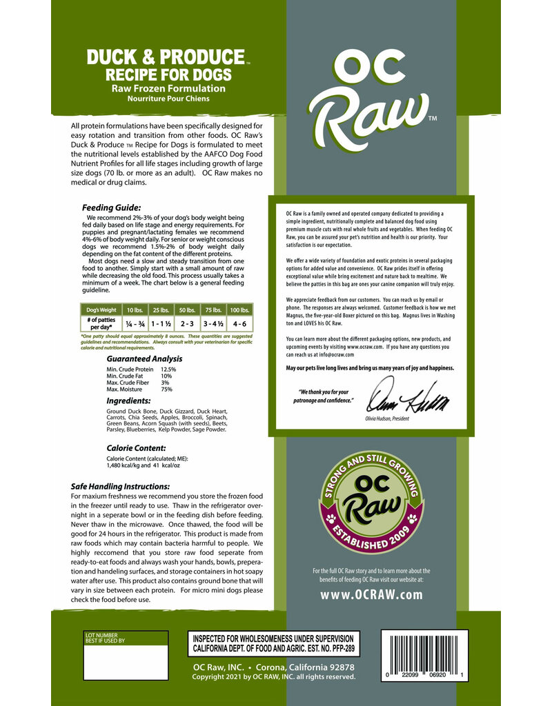 OC Raw Pet Food OC Raw Frozen Dog Food 8 oz Patties | Duck & Produce 6 lb (*Frozen Products for Local Delivery or In-Store Pickup Only. *)