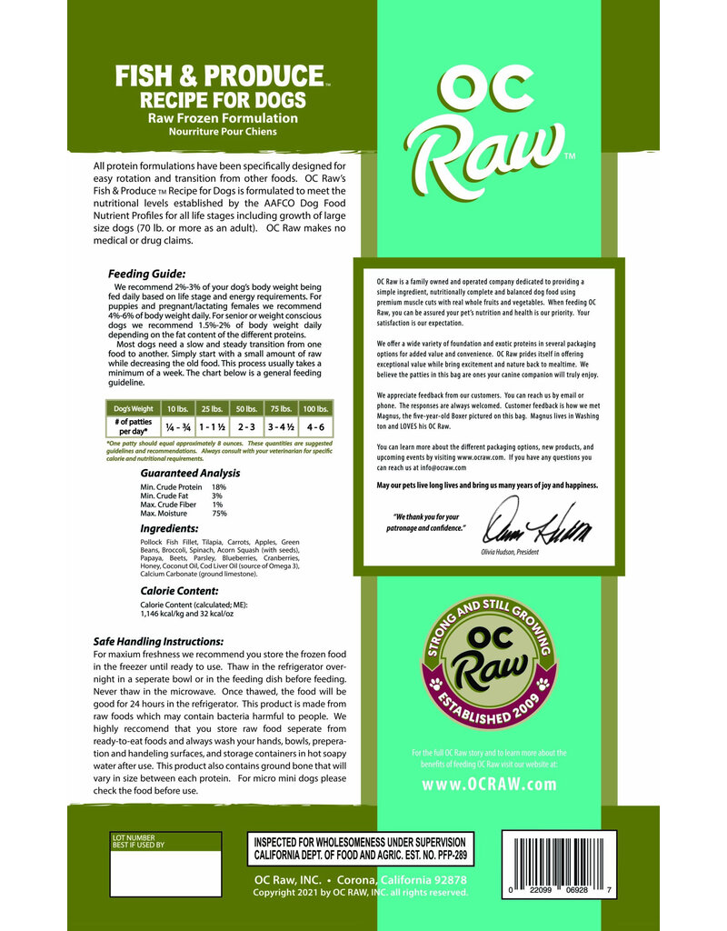OC Raw Pet Food OC Raw Frozen Dog Food 8 oz Patties | Fish & Produce 6 lb (*Frozen Products for Local Delivery or In-Store Pickup Only. *)