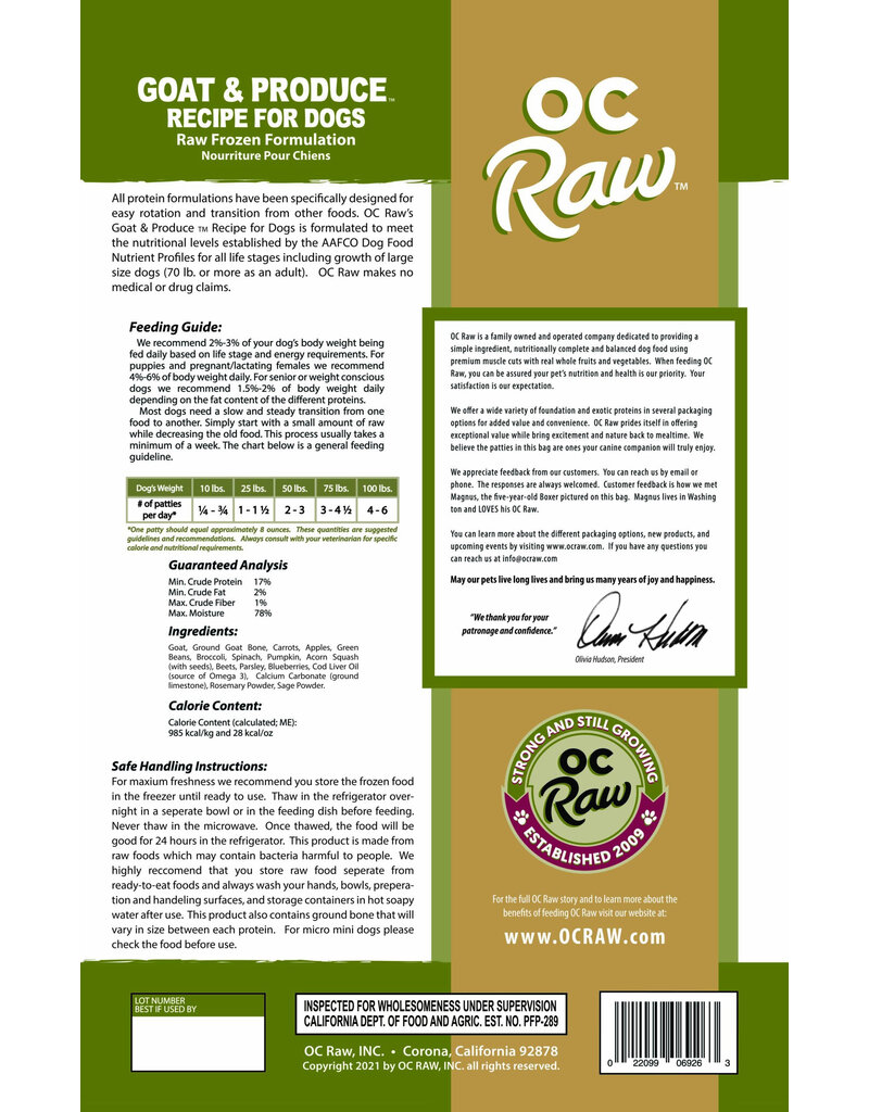 OC Raw Pet Food OC Raw Frozen Dog Food 8 oz Patties | Goat & Produce 6 lb (*Frozen Products for Local Delivery or In-Store Pickup Only. *)